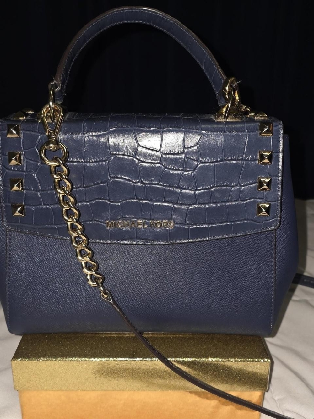 Michael Kors Navy Croc-Embossed Top-Handle Satchel with Gold Chain